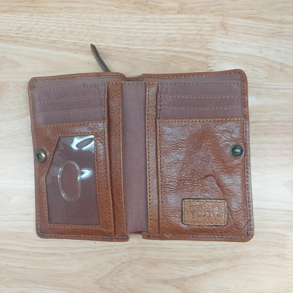 Fossil double zipper Pebbled Brown Leather wallet vintage - Picture 7 of 8